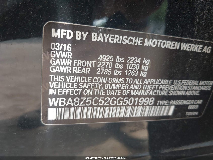 2016 BMW 3er VIN WBA8Z5C52GG501998 IAAI salvage auction — REAR END, Salvage (Tennessee), sold $2,050 on 2026-08-19 (photo 9)