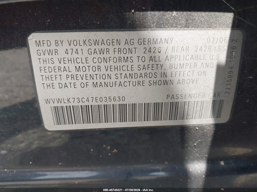 2007 Volkswagen Passat VIN WVWLK73C47E035630 IAAI salvage auction — NORMAL WEAR, Clear (Alabama), sold $175 on 2026-08-05 (photo 9)