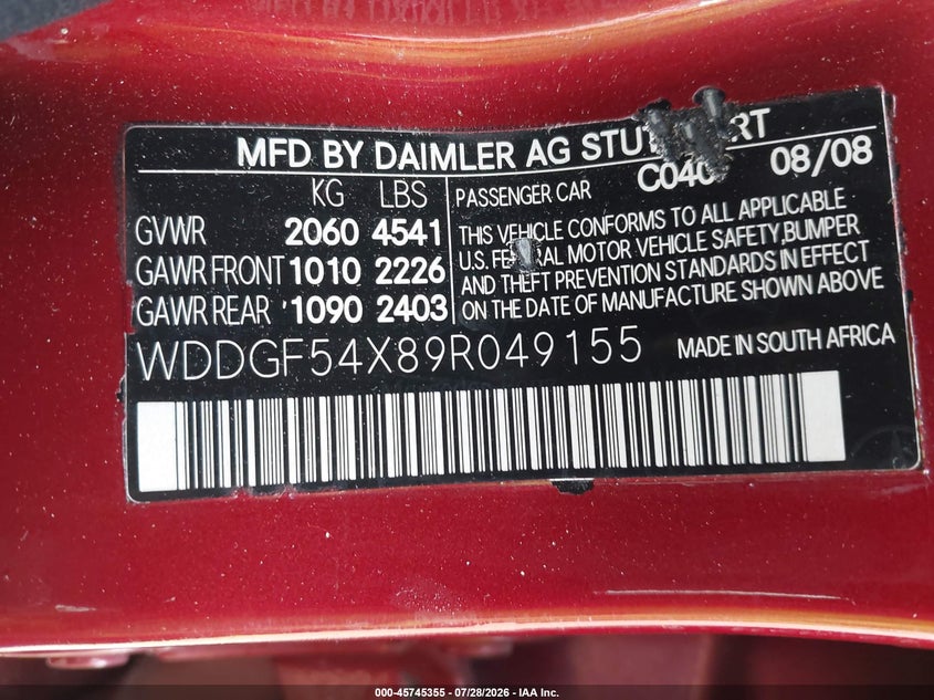2009 Mercedes-benz C class VIN WDDGF54X89R049155 IAAI salvage auction — NORMAL WEAR, Clear (Florida), sold $375 on 2026-08-03 (photo 9)