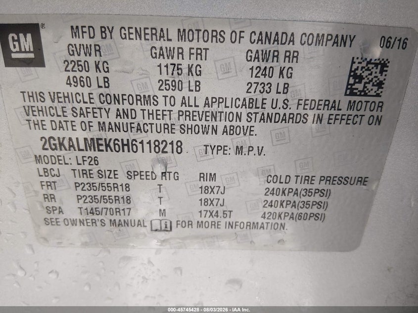 2017 Gmc Terrain VIN 2GKALMEK6H6118218 IAAI salvage auction — FRONT END, Clear (Arkansas), sold $425 on 2026-09-10 (photo 9)