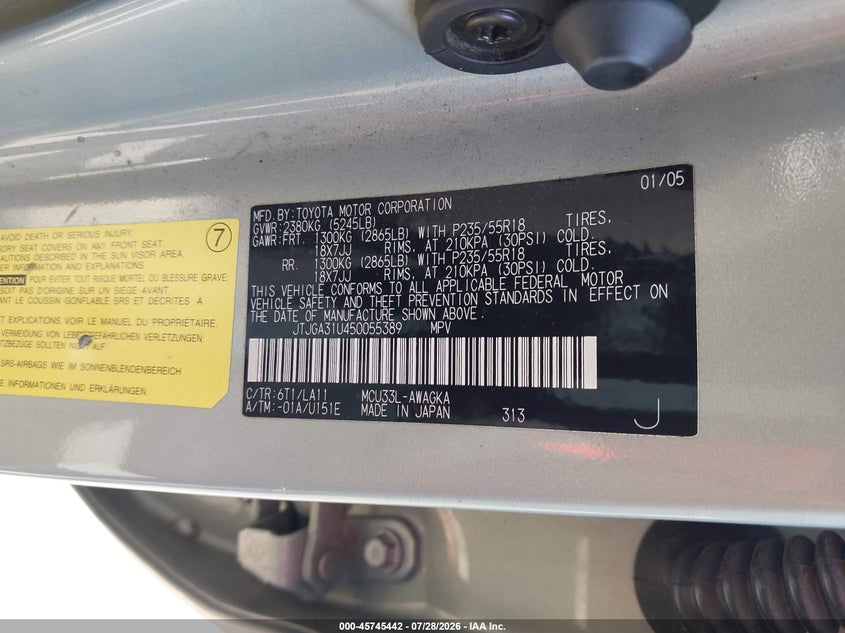 2005 Lexus Rx VIN JTJGA31U450055389 IAAI salvage auction — NORMAL WEAR, Salvage Title - Dealer (California), sold $1,325 on 2026-07-30 (photo 9)