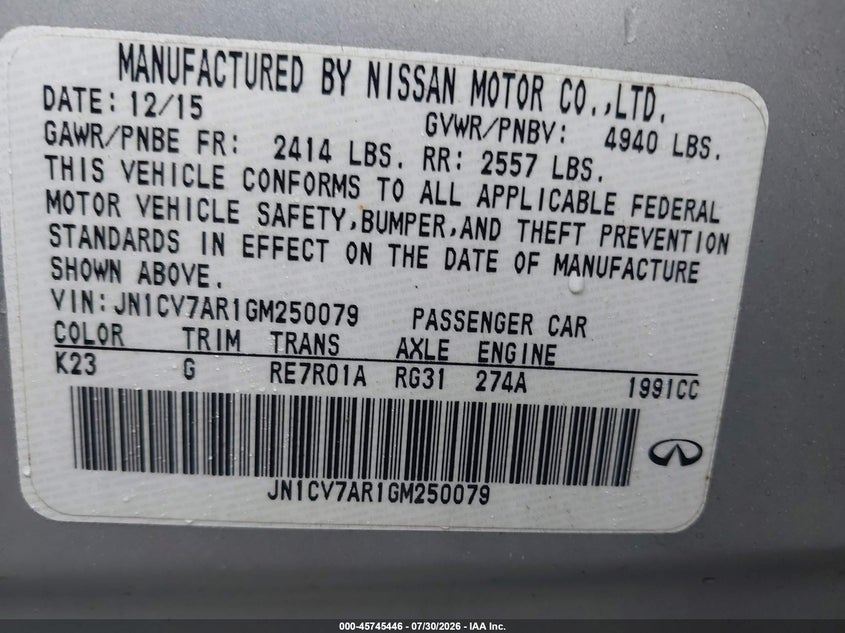 2016 Infiniti Q50 VIN JN1CV7AR1GM250079 IAAI salvage auction — REAR END, Salvage (Massachusetts), sold $2,150 on 2026-08-29 (photo 9)