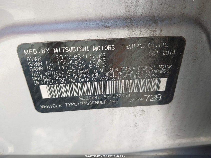 2015 Mitsubishi Mirage VIN ML32A4HJ8FH032363 IAAI salvage auction — RIGHT REAR, Wait Title, sold $875 on 2026-08-28 (photo 9)