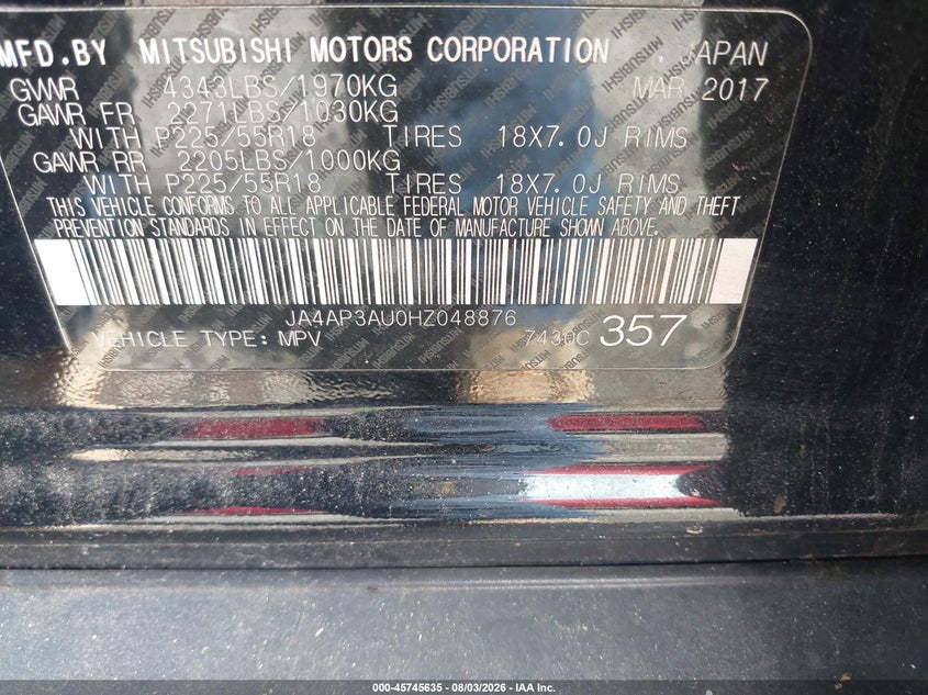 2017 Mitsubishi Outlander VIN JA4AP3AU0HZ048876 IAAI salvage auction — STORM DAMAGE, Salvage (South Carolina), sold $625 on 2026-08-28 (photo 9)