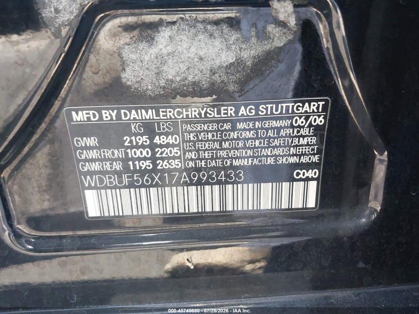2007 Mercedes-benz E-class VIN WDBUF56X17A993433 IAAI salvage auction — UNDERCARRIAGE, Salvage Certificate (California), sold $1,450 on 2026-08-07 (photo 9)