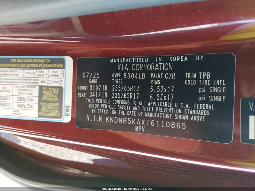 2026 Kia Carnival VIN KNDNB5KAXT6110865 IAAI salvage auction — REAR END, Enterprise Vehicles Clear Only (New Jersey), sold $20,600 on 2026-08-01 (photo 9)