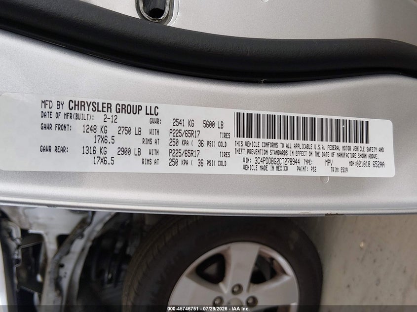 2012 Dodge Journey VIN 3C4PDDBG2CT278944 IAAI salvage auction — LEFT FRONT, Bill Of Sale (Washington), sold $1,000 on 2026-08-10 (photo 9)