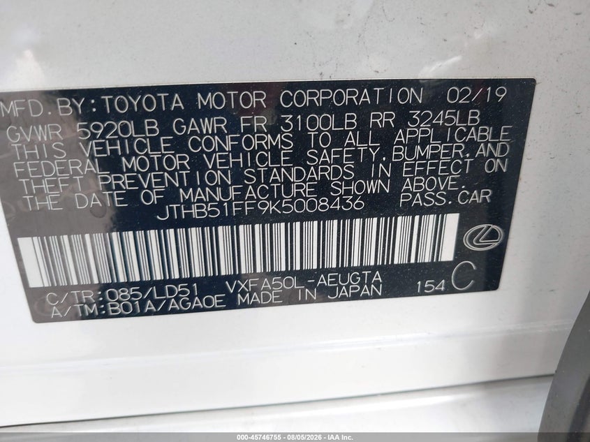 2019 Lexus Ls VIN JTHB51FF9K5008436 IAAI salvage auction — FRONT END, Wait Title, sold $15,950 on 2026-08-19 (photo 9)
