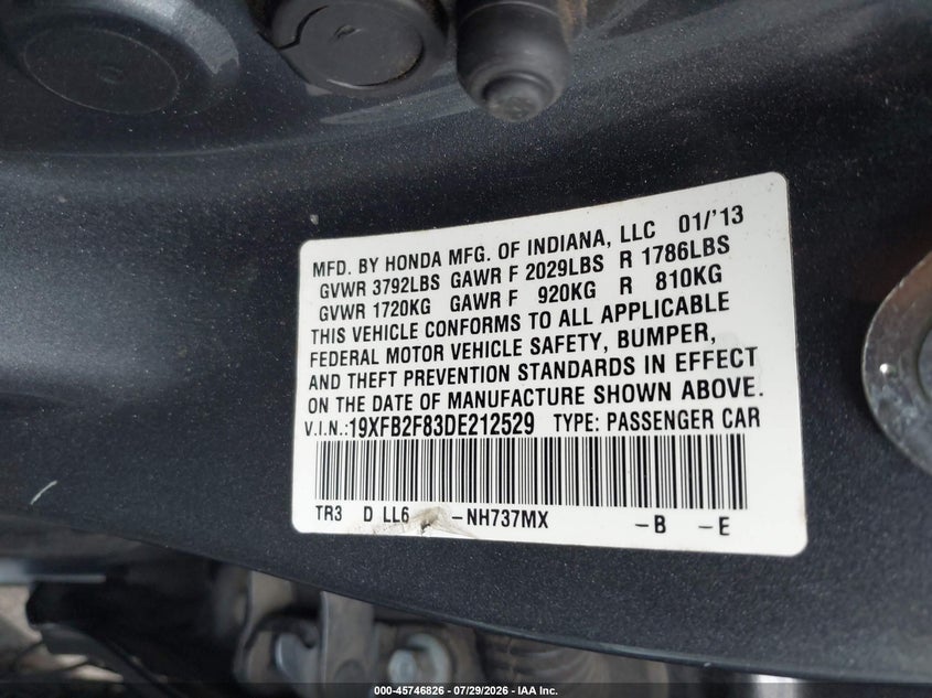 2013 Honda Civic VIN 19XFB2F83DE212529 IAAI salvage auction — SIDE, Salvage Certificate (California), sold $2,350 on 2026-08-01 (photo 9)