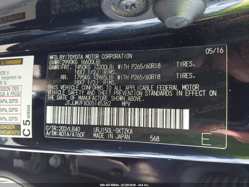 2016 Lexus Gx 460 VIN JTJJM7FX0G5145362 IAAI salvage auction — FRONT END, Clear - Dealer Only (California), sold $18,500 on 2026-08-26 (photo 9)