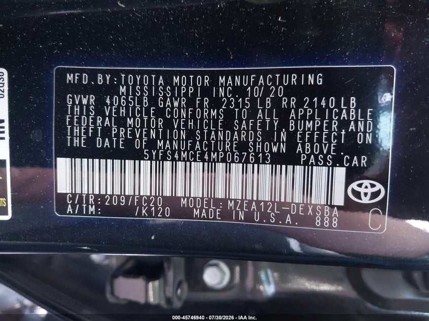 2021 Toyota Corolla VIN 5YFS4MCE4MP067613 IAAI salvage auction — REAR END, Wait Title, sold $4,750 on 2026-08-30 (photo 9)