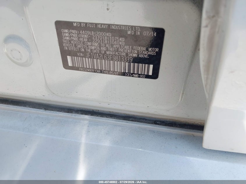 2015 Subaru Wrx sti VIN JF1VA2L63F9813339 IAAI salvage auction — SIDE, Salvage Title, sold $2,600 on 2026-08-29 (photo 9)