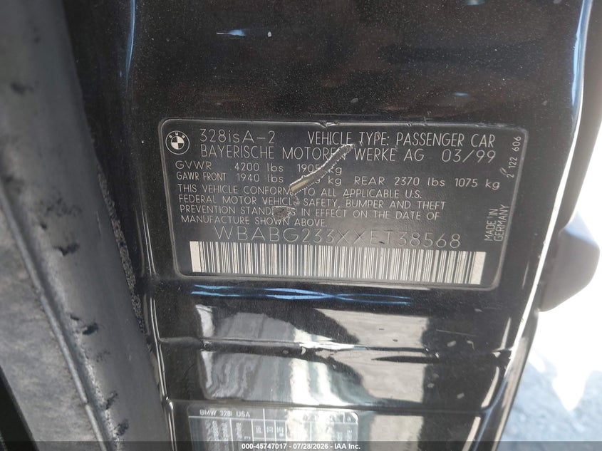 1999 BMW 3 series VIN WBABG233XXET38568 IAAI salvage auction — NORMAL WEAR, Salvage (California), sold $1,275 on 2026-08-13 (photo 9)