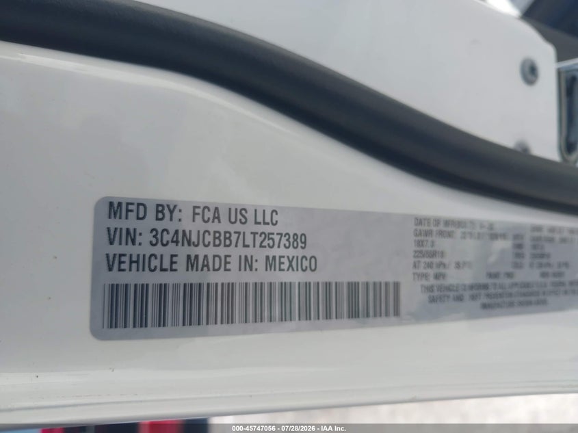 2020 Jeep Compass VIN 3C4NJCBB7LT257389 IAAI salvage auction — FRONT & REAR, Wait Title, sold $4,150 on 2026-09-03 (photo 9)