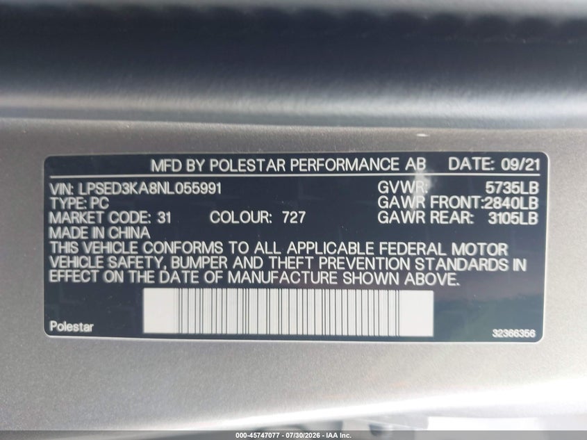 2022 Polestar 2 VIN LPSED3KA8NL055991 IAAI salvage auction — SIDE, Salvage Title, sold $10,300 on 2026-10-17 (photo 9)