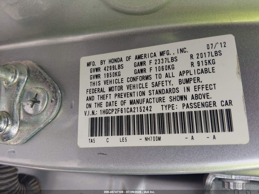 2012 Honda Accord VIN 1HGCP2F61CA215242 IAAI salvage auction — FRONT END, Salvage Title, sold $875 on 2026-08-20 (photo 9)