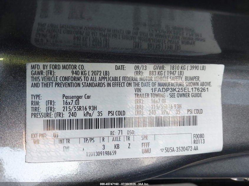 2014 Ford Focus VIN 1FADP3K25EL176261 IAAI salvage auction — RIGHT FRONT, Wait Title, sold $575 on 2026-08-21 (photo 9)