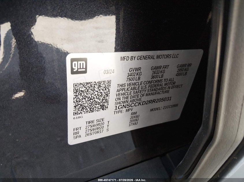 2024 Chevrolet Suburban VIN 1GNSCCKD2RR205031 IAAI salvage auction — SIDE, Wait Title, sold $20,100 on 2026-08-29 (photo 9)