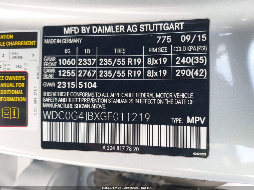2016 Mercedes-benz Glc VIN WDC0G4JBXGF011219 IAAI salvage auction — FRONT END, Salvage Certificate (California), sold $5,025 on 2026-08-19 (photo 9)