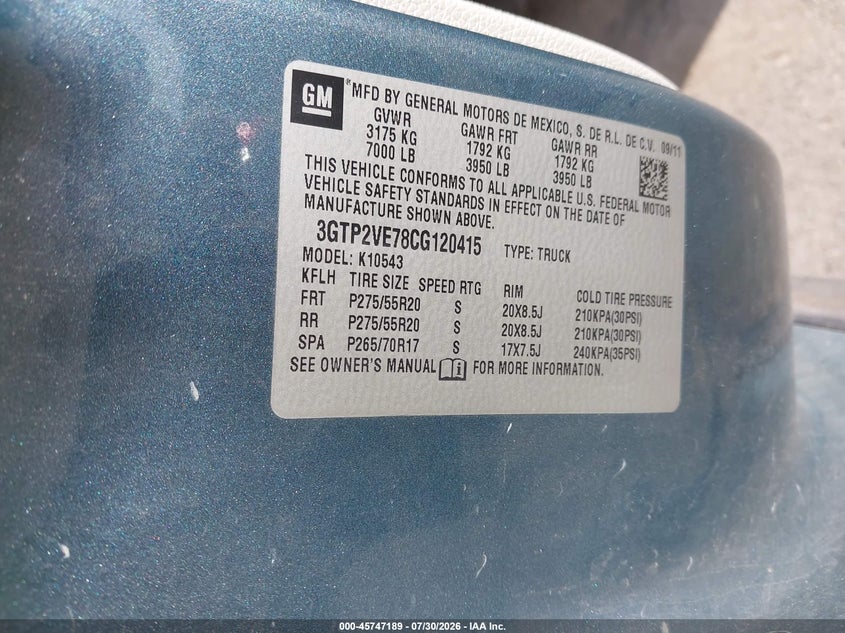 2012 Gmc SIERRA VIN 3GTP2VE78CG120415 IAAI salvage auction — RIGHT FRONT, Original (Texas), sold $3,575 on 2026-09-11 (photo 9)