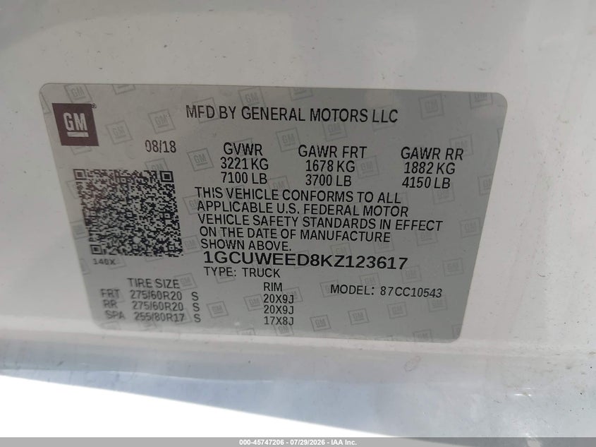 2019 Chevrolet Silverado 1500 VIN 1GCUWEED8KZ123617 IAAI salvage auction — NORMAL WEAR, Original (Texas), sold $10,300 on 2026-08-19 (photo 9)