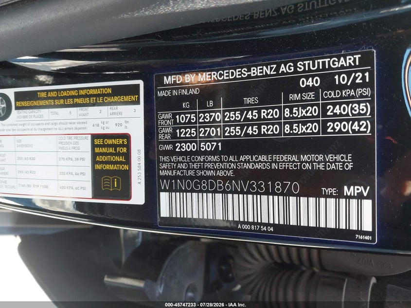 2022 Mercedes-benz Glc VIN W1N0G8DB6NV331870 IAAI salvage auction — REAR END, Salvage Title, sold $12,225 on 2026-10-10 (photo 9)