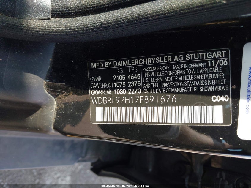 2007 Mercedes-benz C class VIN WDBRF92H17F891676 IAAI salvage auction — NORMAL WEAR, Clear (Tennessee), sold $275 on 2026-08-18 (photo 9)