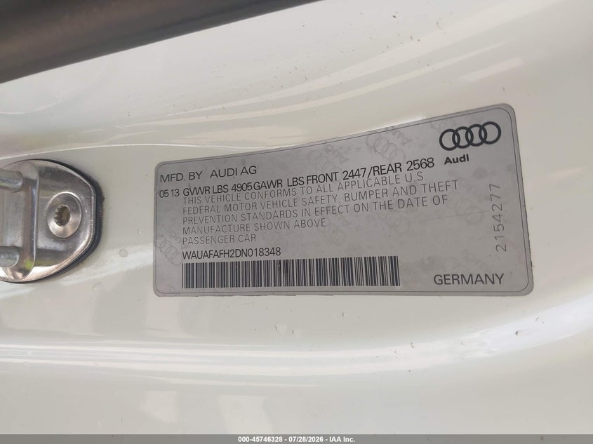 2013 Audi A5 VIN WAUAFAFH2DN018348 IAAI salvage auction — NORMAL WEAR, Original (Texas), sold $1,650 on 2026-08-19 (photo 9)