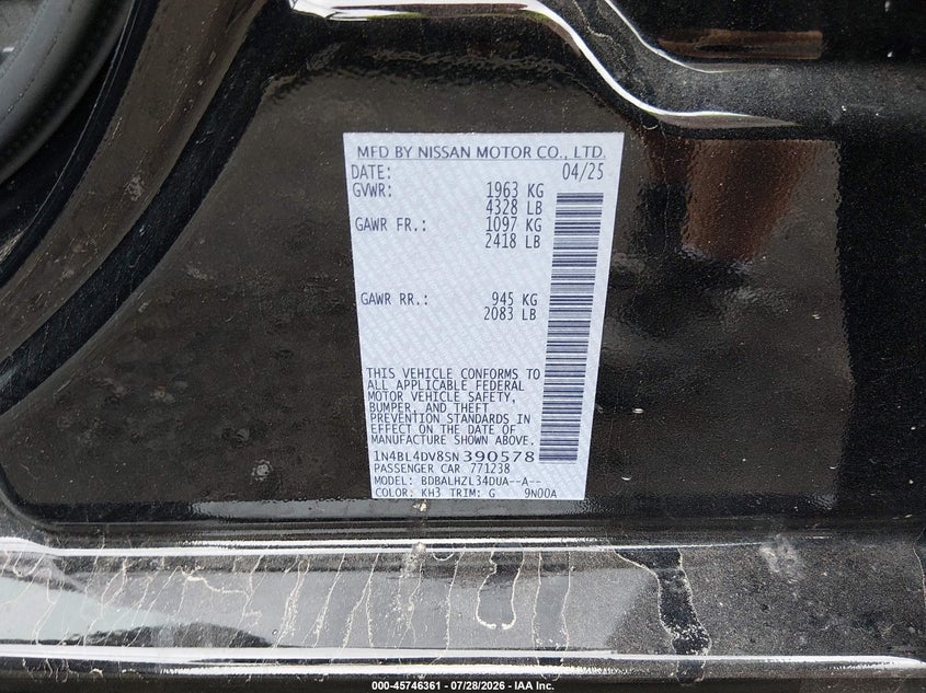 2025 Nissan Altima VIN 1N4BL4DV8SN390578 IAAI salvage auction — FRONT END, Clear (Michigan), sold $11,300 on 2026-07-30 (photo 9)