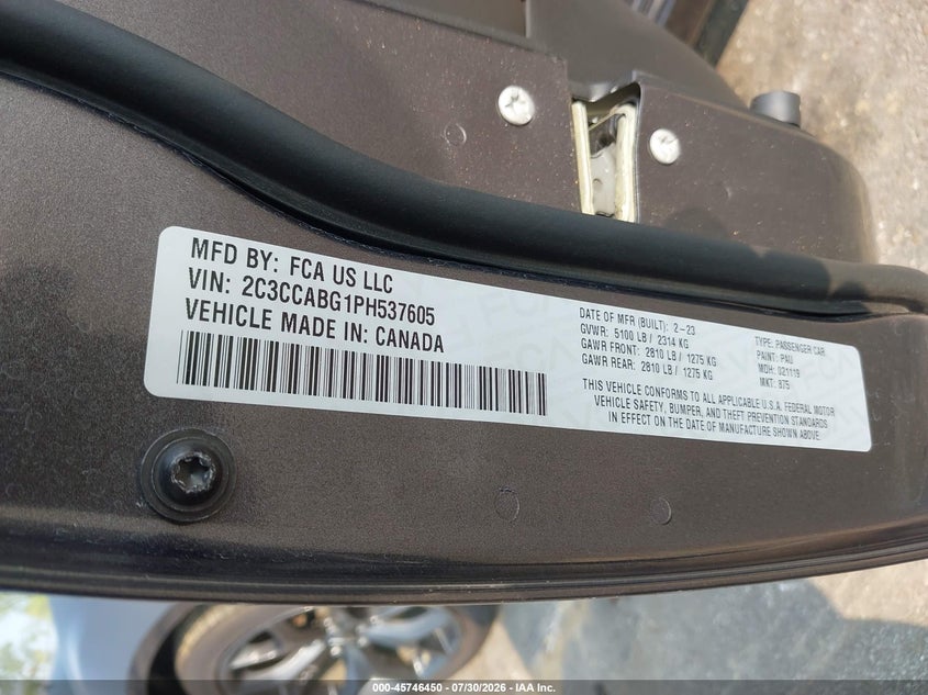 2023 Chrysler 300 VIN 2C3CCABG1PH537605 IAAI salvage auction — NORMAL WEAR, Wait Title, sold $20,100 on 2026-08-11 (photo 9)