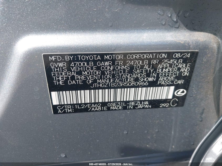 2024 Lexus Is VIN JTHGZ1B23R5080966 IAAI salvage auction — FRONT END, Salvage (California), sold $8,000 on 2026-08-25 (photo 9)