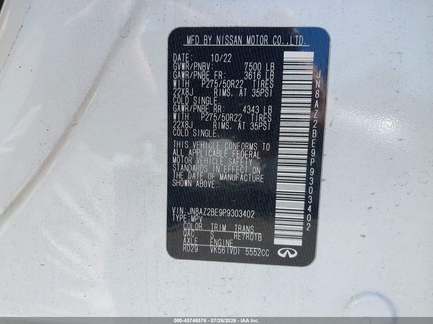 2023 Infiniti Qx80 VIN JN8AZ2BE9P9303402 IAAI salvage auction — FRONT END, Salvage Title, sold $22,600 on 2026-08-12 (photo 9)