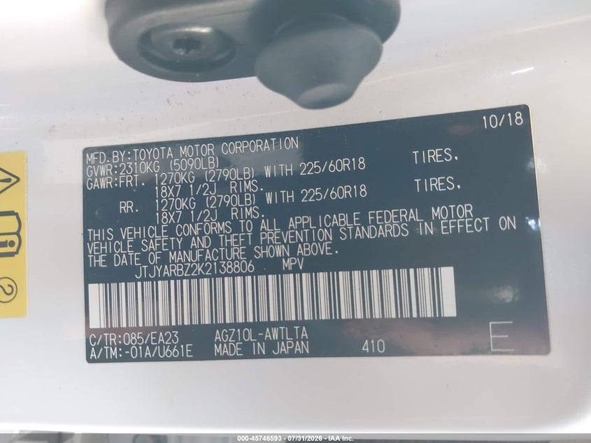 2019 Lexus VIN JTJYARBZ2K2138806 IAAI salvage auction — SIDE, Salvage Title, sold $8,500 on 2026-08-27 (photo 9)