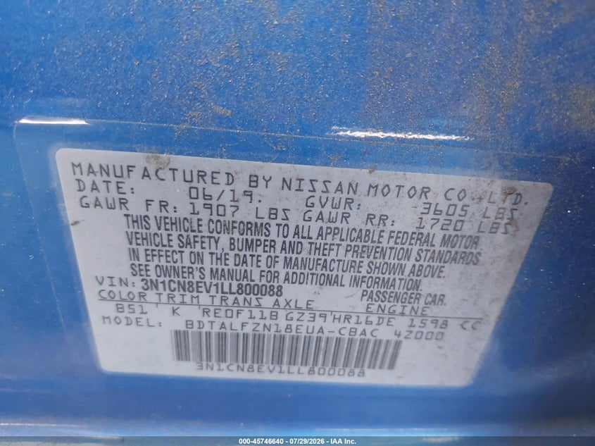 2020 Nissan Versa VIN 3N1CN8EV1LL800088 IAAI salvage auction — RIGHT FRONT, Wait Title, sold $3,450 on 2026-08-31 (photo 9)