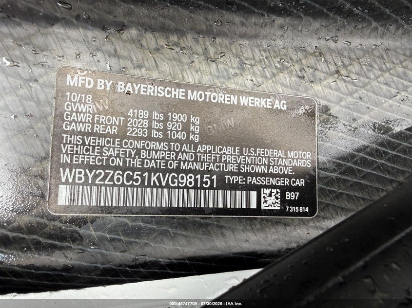 2019 BMW I8 VIN WBY2Z6C51KVG98151 IAAI salvage auction — FRONT END, Clear (New York), sold $12,100 on 2026-08-03 (photo 9)