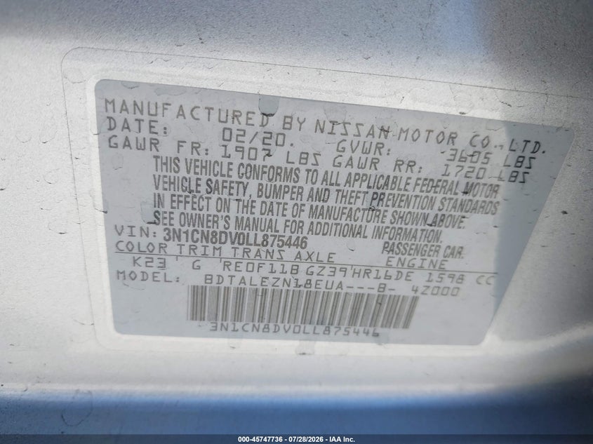 2020 Nissan Versa VIN 3N1CN8DV0LL875446 IAAI salvage auction — FRONT END, Salvage (California), sold $3,500 on 2026-08-23 (photo 9)