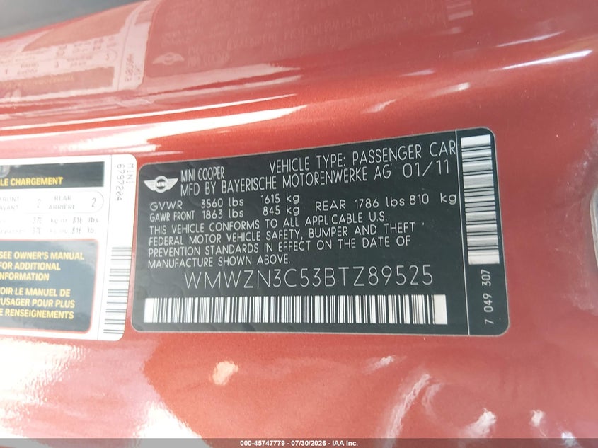 2011 Mini Cooper VIN WMWZN3C53BTZ89525 IAAI salvage auction — REAR END, Salvage (Georgia), sold $800 on 2026-08-28 (photo 9)