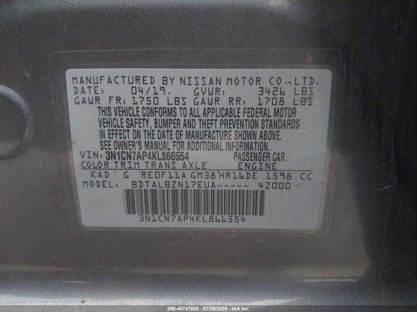 2019 Nissan Versa VIN 3N1CN7AP4KL866554 IAAI salvage auction — NORMAL WEAR, Wait Title, sold $25 on 2026-09-14 (photo 9)