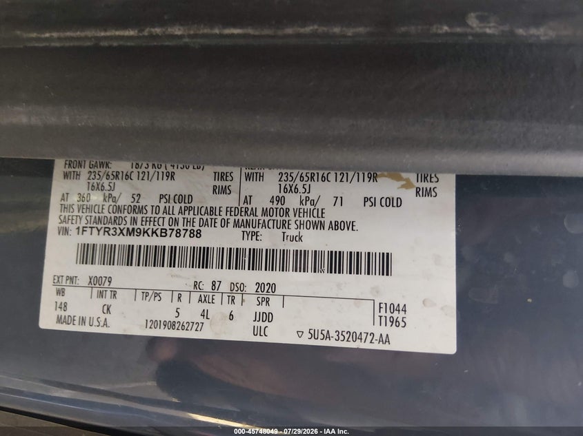 2019 Ford Transit-250 VIN 1FTYR3XM9KKB78788 IAAI salvage auction — NORMAL WEAR, Clear (Nevada), sold $9,050 on 2026-08-21 (photo 9)