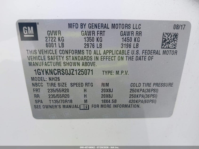 2018 Cadillac Xt5 VIN 1GYKNCRS0JZ125071 IAAI salvage auction — RIGHT FRONT, Rebuildable (Florida), sold $4,900 on 2026-08-27 (photo 9)
