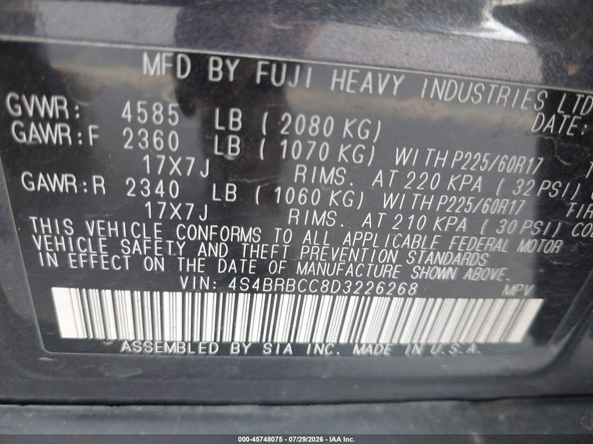 2013 Subaru Outback VIN 4S4BRBCC8D3226268 IAAI salvage auction — FRONT & REAR, Salvage (Utah), sold $1,200 on 2026-09-05 (photo 9)