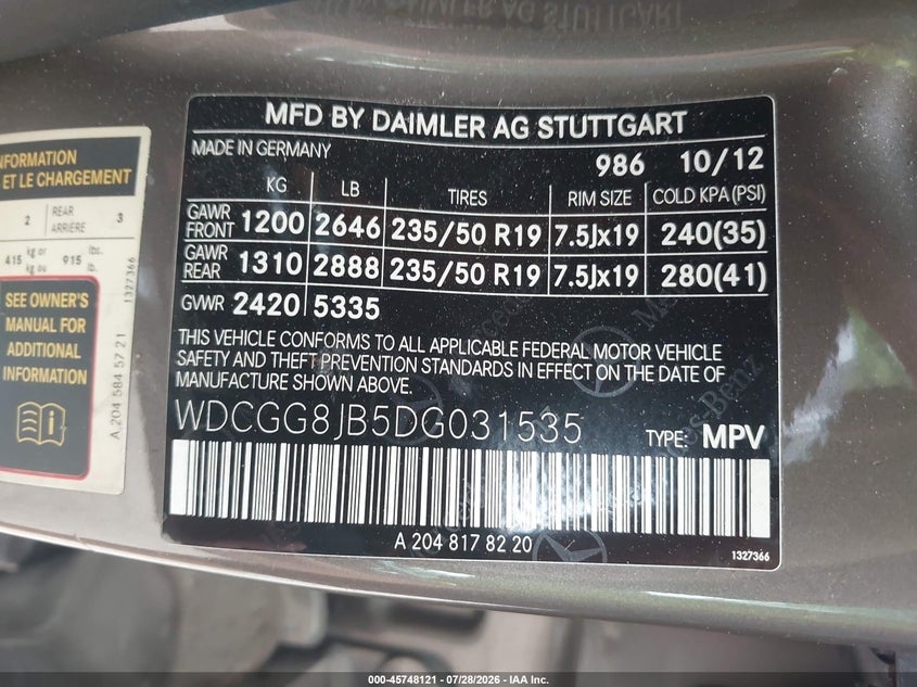 2013 Mercedes-benz Glk-klasse VIN WDCGG8JB5DG031535 IAAI salvage auction — NORMAL WEAR, Clear (Maryland), sold $2,825 on 2026-08-04 (photo 9)