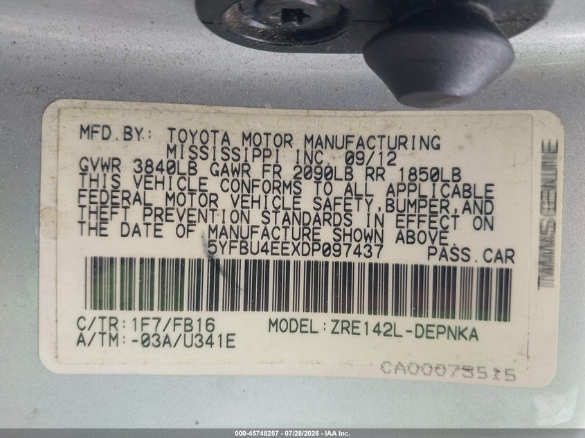 2013 Toyota Corolla VIN 5YFBU4EEXDP097437 IAAI salvage auction — NORMAL WEAR, Clear-Dealer Only (Maryland), sold $1,900 on 2026-07-30 (photo 9)