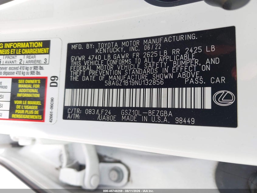 2022 Lexus ES VIN 58AGZ1B19NU132856 IAAI salvage auction — FRONT & REAR, Salvage Title, sold $19,100 on 2026-09-03 (photo 9)