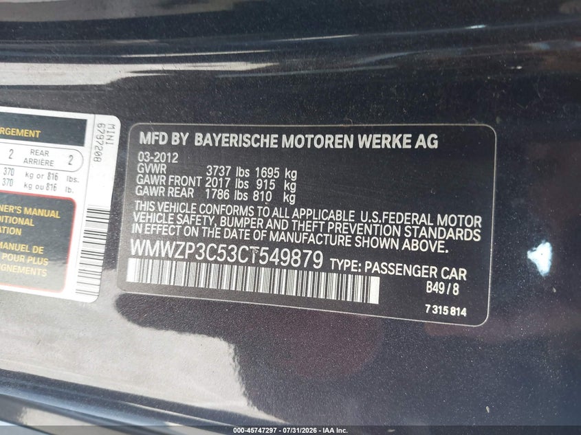 2012 Mini VIN WMWZP3C53CT549879 IAAI salvage auction — FRONT & REAR, Salvage Title, sold $1,250 on 2026-08-13 (photo 9)