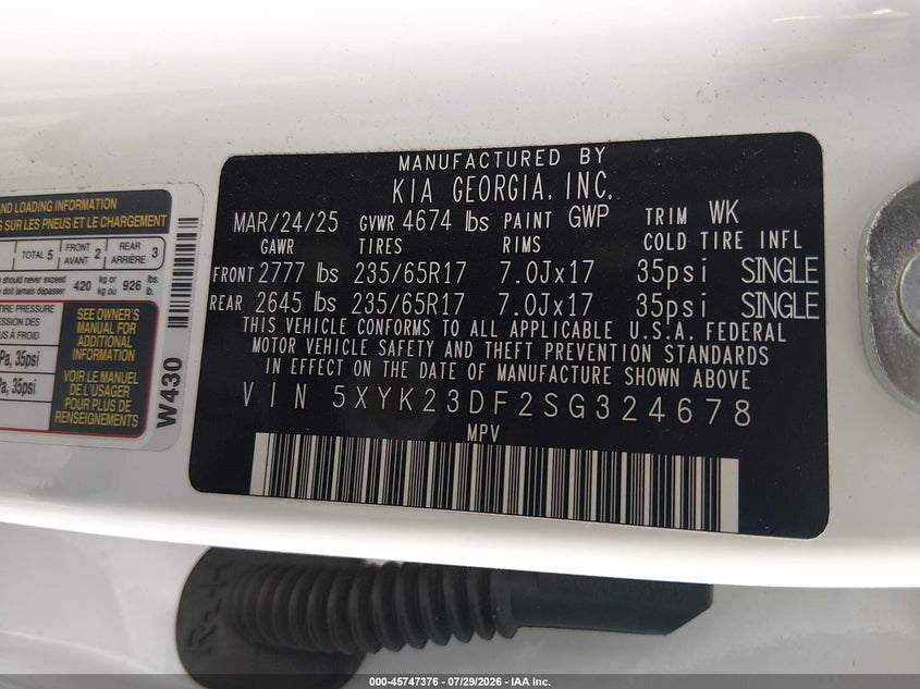 2025 Kia Sportage VIN 5XYK23DF2SG324678 IAAI salvage auction — LEFT FRONT, Salvage (California), sold $4,200 on 2026-08-24 (photo 9)