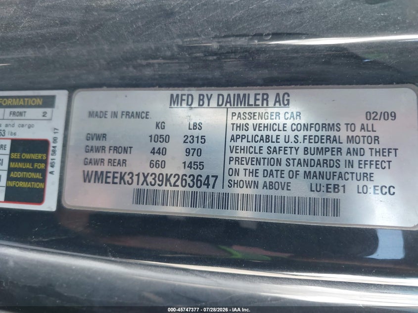 2009 Smart Fortwo VIN WMEEK31X39K263647 IAAI salvage auction — NORMAL WEAR, Salvage (Nevada), sold $300 on 2026-08-28 (photo 9)