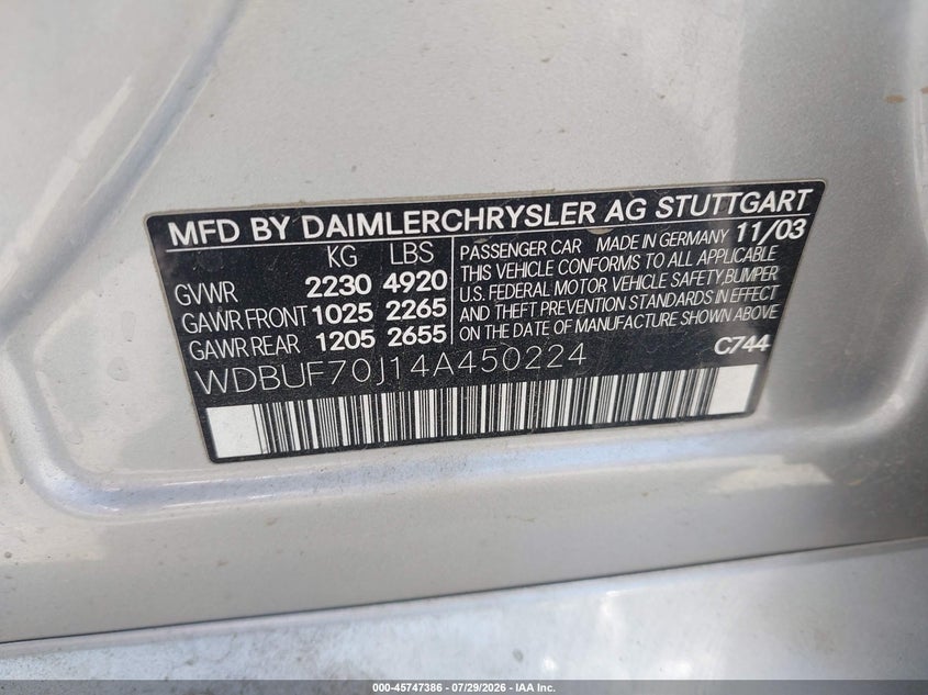 2004 Mercedes-benz E-klasse VIN WDBUF70J14A450224 IAAI salvage auction — REAR END, Salvage (California), sold $500 on 2026-08-18 (photo 9)