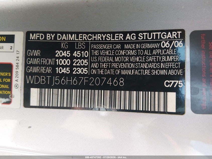 2007 Mercedes-benz Clk-class VIN WDBTJ56H67F207468 IAAI salvage auction — NORMAL WEAR, Clear (Louisiana), sold $825 on 2026-08-10 (photo 9)