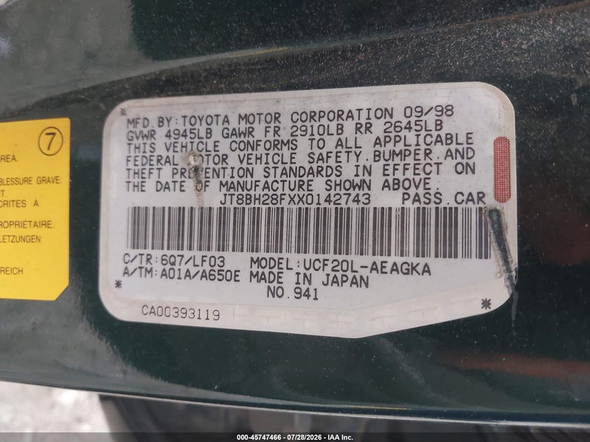 1999 Lexus Ls 400 VIN JT8BH28FXX0142743 IAAI salvage auction — NORMAL WEAR, Clear (Pennsylvania), sold $275 on 2026-07-31 (photo 9)